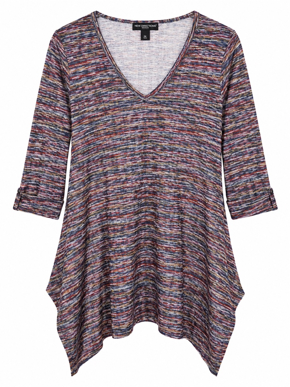 New Directions Woman Space Dye Tunic Top 0X V Neck 3/4 Sleeve Handkerchief Hem